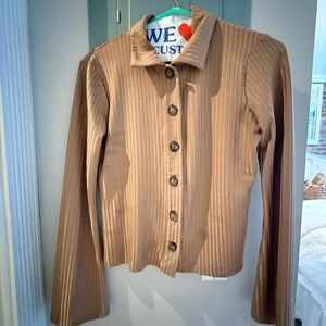 Reformation Ribbed Button-Down Shirt Jacket in Light Brown